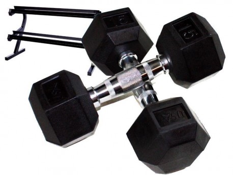 5-50lb Rubber Hex Dumbbell Set with Rack